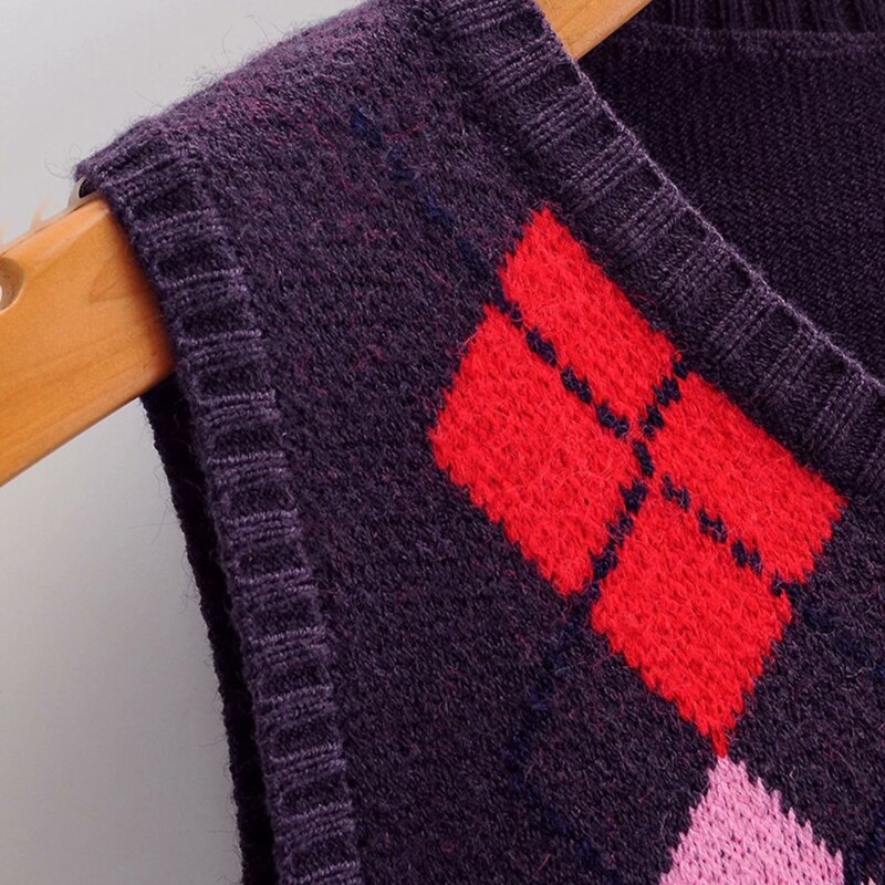 Femmes automne sans manches tricoté pull gilet Vintage losange Plaid recadrée débardeur Preppy Style étudiant pull mince