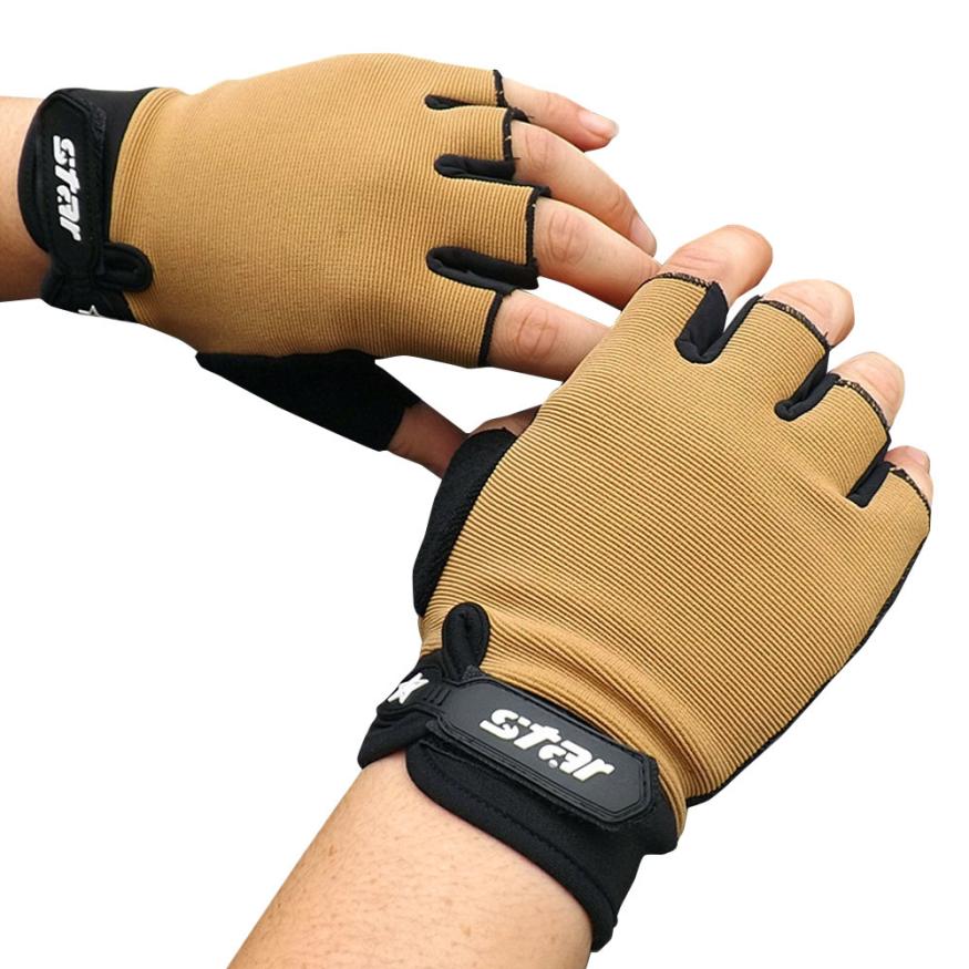 Mannen Antislip Cycling Bike Gym Fitness Sport Half Vinger Handschoenen Hand Protector Gewichtheffen Sport Fietsen Handschoenen: Khaki / M