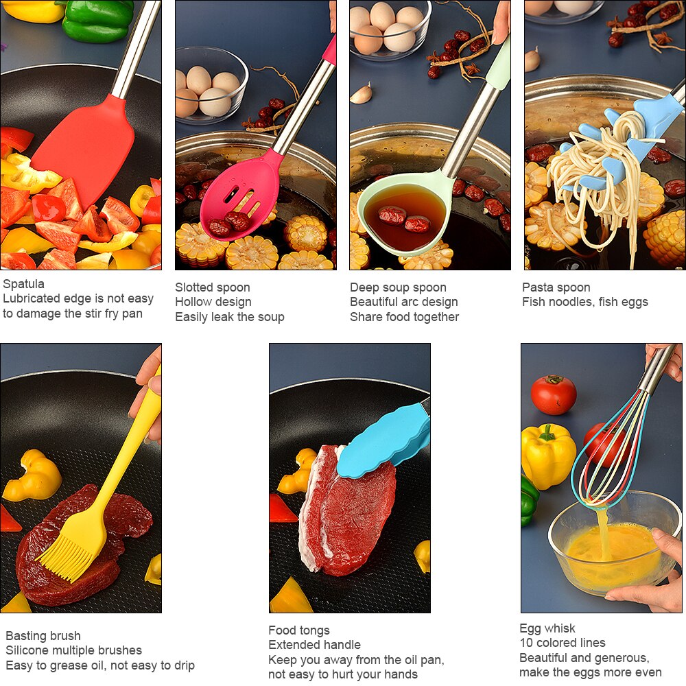 Kitchen Utensils Set 14/11/10/8/5Psc Silicone Cooking Utensil Set Non-stick Heat Resistant Tools with Wooden Handle Storage Box