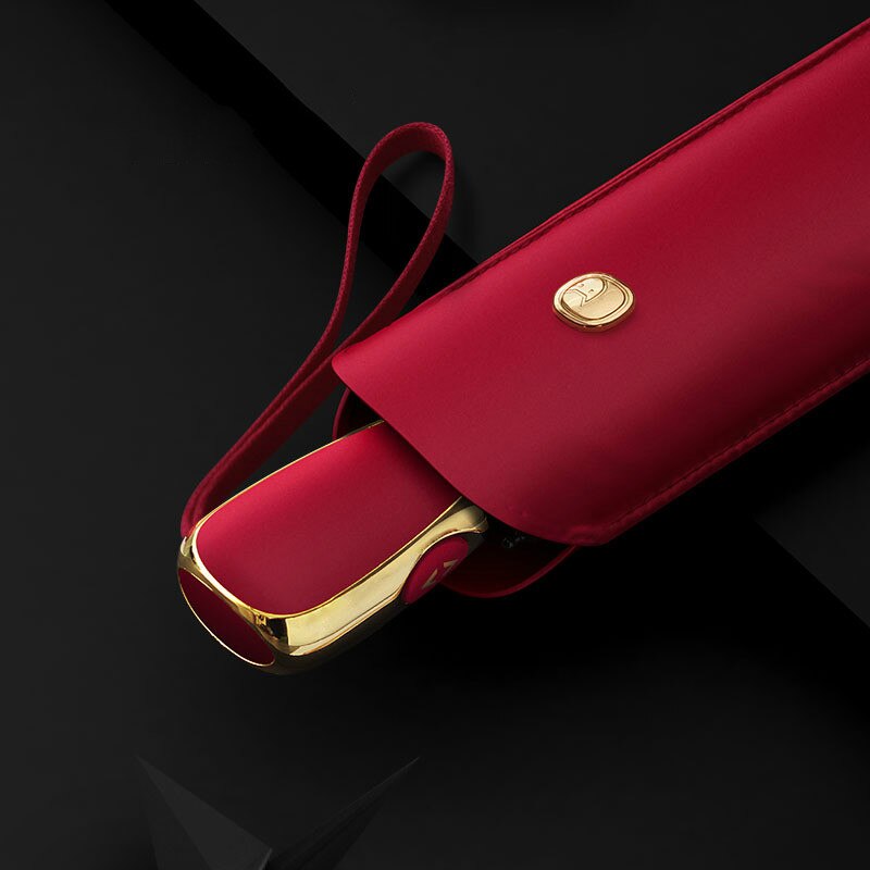 Windproof foldable fully automatic umbrella Simple ultra-light full three-folding umbrella for men and women: Red