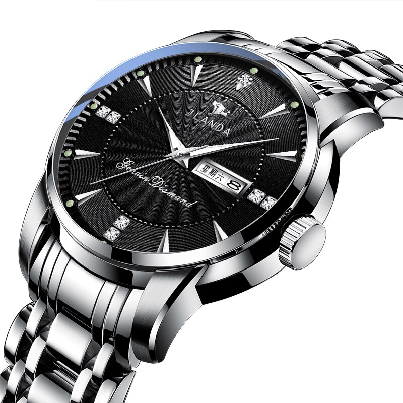 JLANDA-Reloj de pulsera de acero inoxidable para Hombre, Reloj de lujo clásico, de negocios, con fecha y semana, de cuarzo: Black Silver