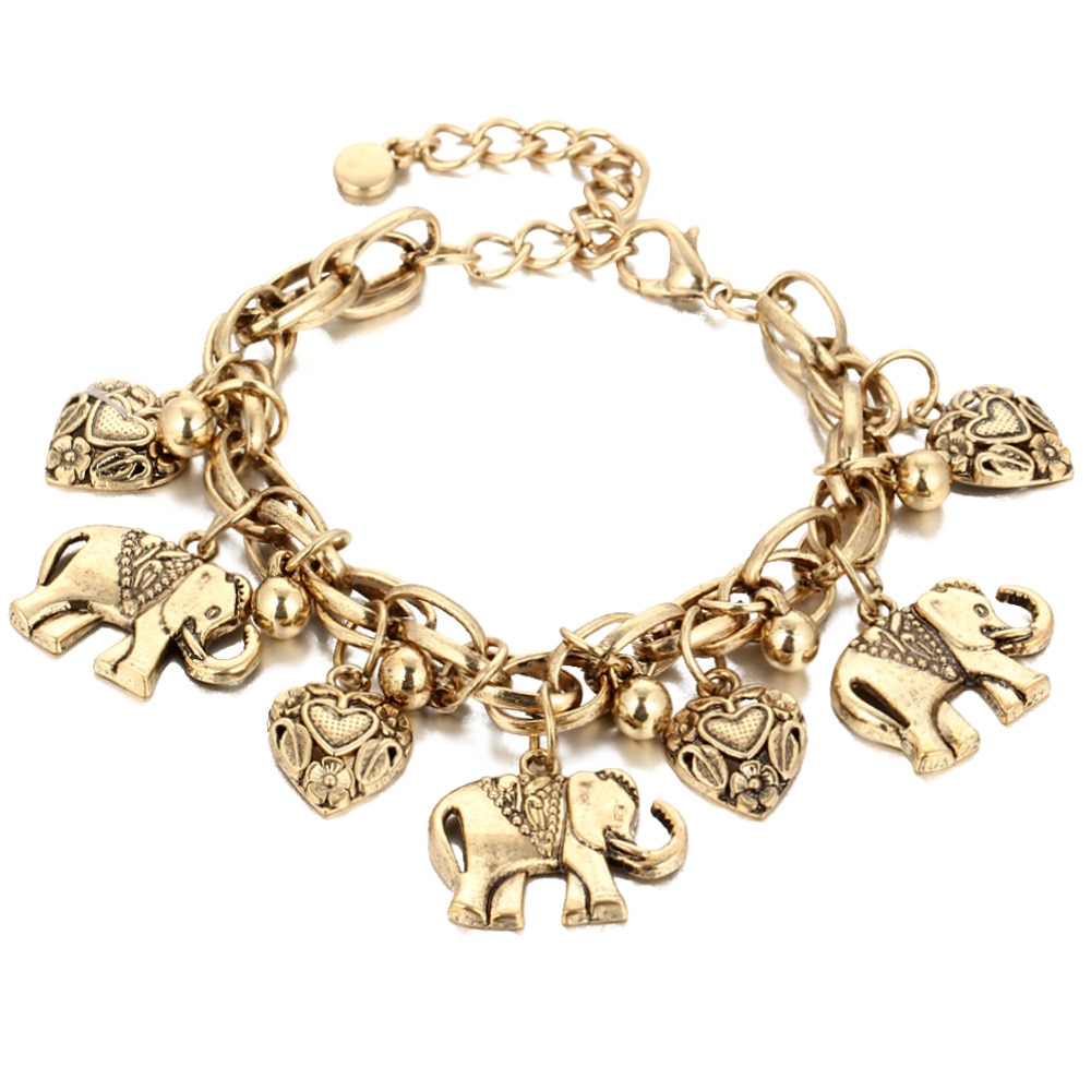Europeus e Americanos moda popular Vintage Esculpida elefante cadeia de pêssego coração pulseira liga cadeia de pé artesanato atacado