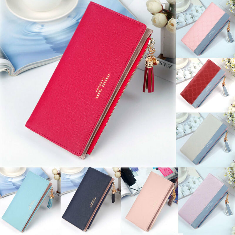 Women PU Leather Zipper Wallet Purse Long Card Holder Bag Phone Handbag Fine Suture Dazzling Tassel Decoration