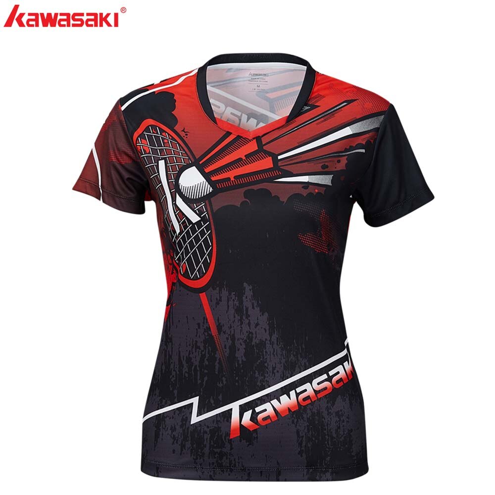 KAWASAKI Tennis T-shirt Fitness Compression Clothing Short Sleeve V Neck Sports Shirt For Ladies Sportswear Badminton ST-S2105: Red / XXL