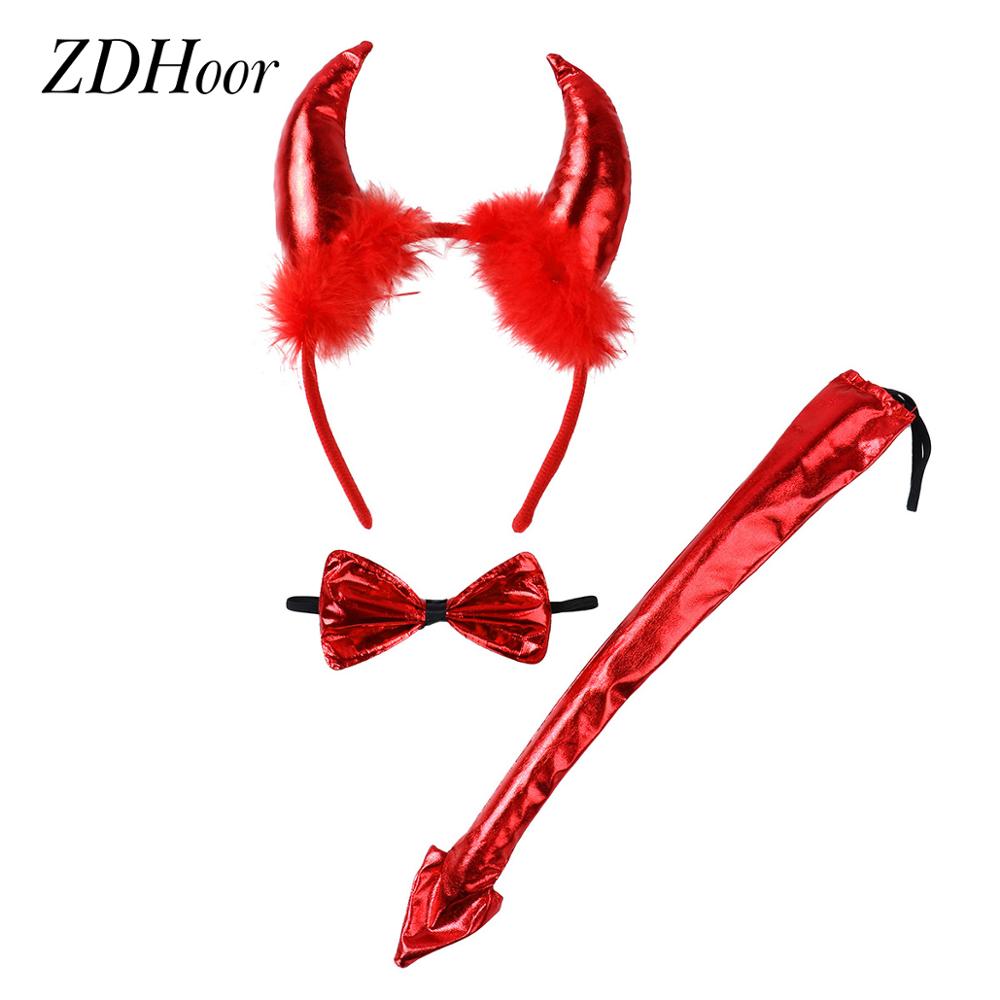 Kids Adult Halloween Devil Costumes Fancy Cosplay Set Fluffy Ears Headband with Bowtie Bendable Tail Party Role Play Accessories