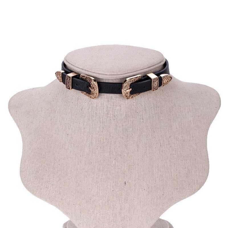 Vintage Women Choker Necklaces Pu Leather Belt Collar Choker With Double Buckles Adjustable Choker Jewelry For Girl