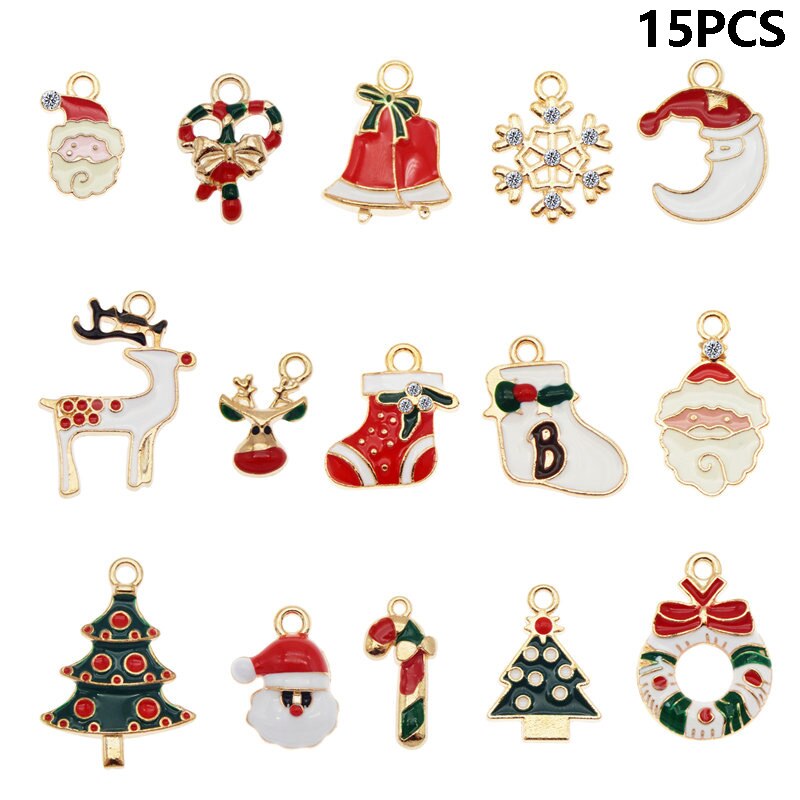 Julie Wang Emaille Kerst Charmes Legering Gemengde Kerstman Tree Bell Sok Sneeuwpop Sneeuwvlok Hanger Sieraden Maken Accessoire: 15PCS Mixed C