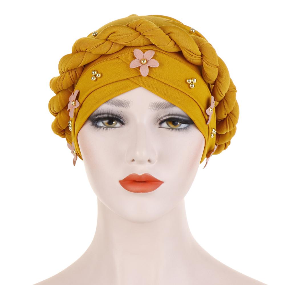 Gorros dorados 3d flor estilo africano sombrero con cuentas musulmana accesorios para el pelo turbante mujer sólida trenzada Banda TUB002: gold