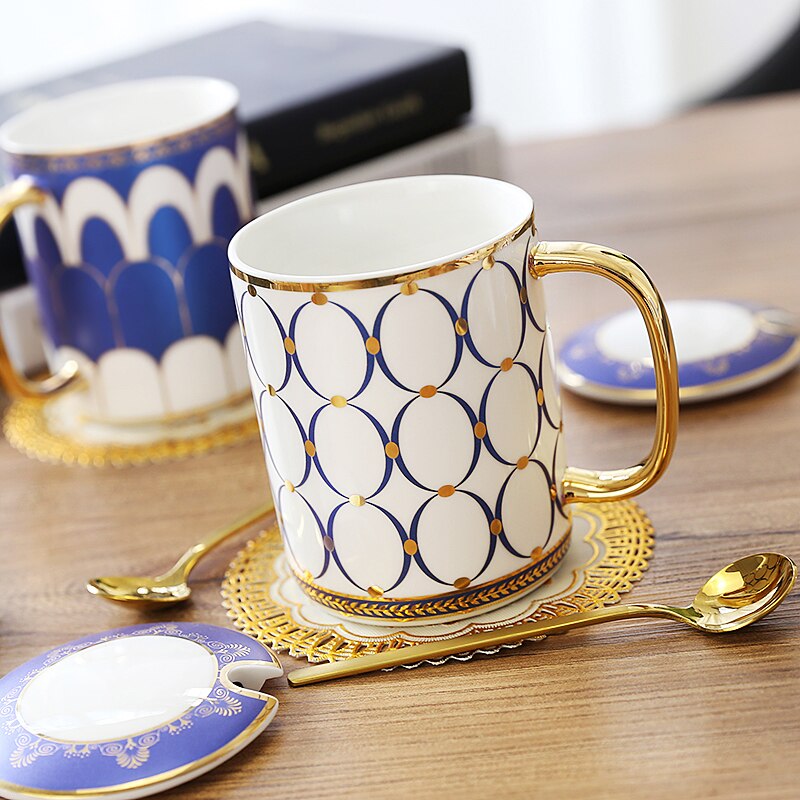 8 models Europe coffee mug Geometric Gold Line China Bone Milk Tea Cup Cover spoon travel mug Water cup 350ml