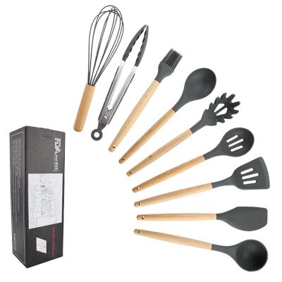 11 st silikon köksredskap set, rosa massivt trä handtag med förvaringslåda, köksutrustning kit köksredskap tillbehör: 9pc grå b