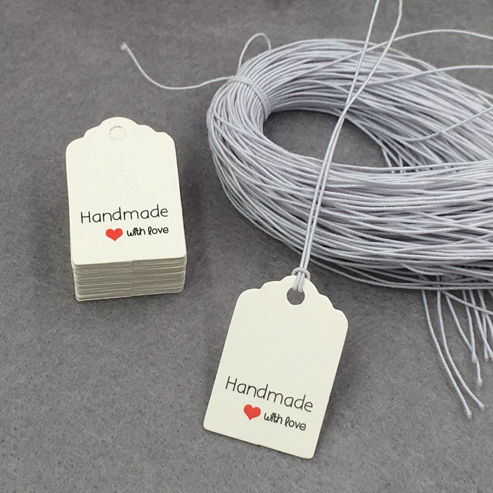 100 Pcs + 100 Strings 3x2 cm Papier Tags Labels Gedrukt Handgemaakte met Liefde Voor Zak Decoratie bagage Supply Hang Prijskaartjes