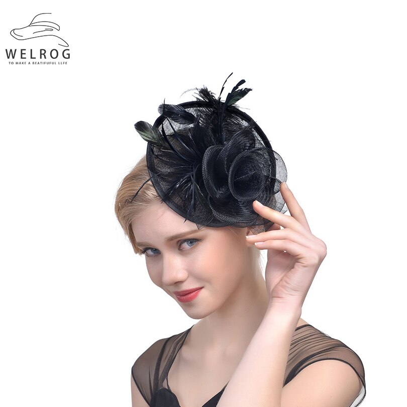WELROG – chapeau tendance pour femme, chapeau, plume, gaze, maille solide, épingle à cheveux, pour fête, mariage, ruban