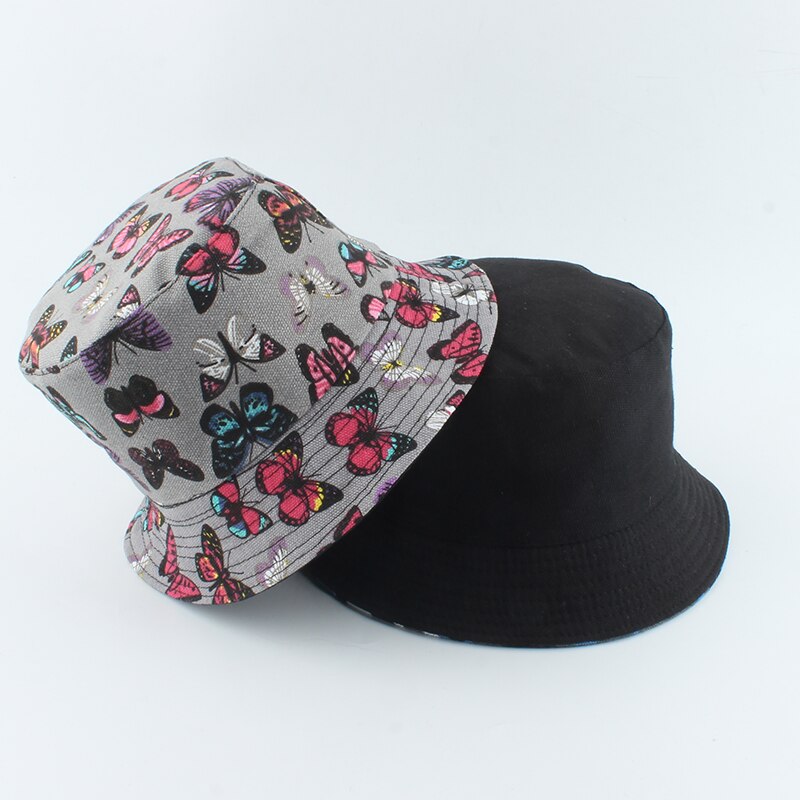 neue Koreanische Rosa Kuh Druck Eimer Hütte Frauen reversibel Angeln Kappe Bob Chapeau Herbst Sommer: ben grau Schmetterling