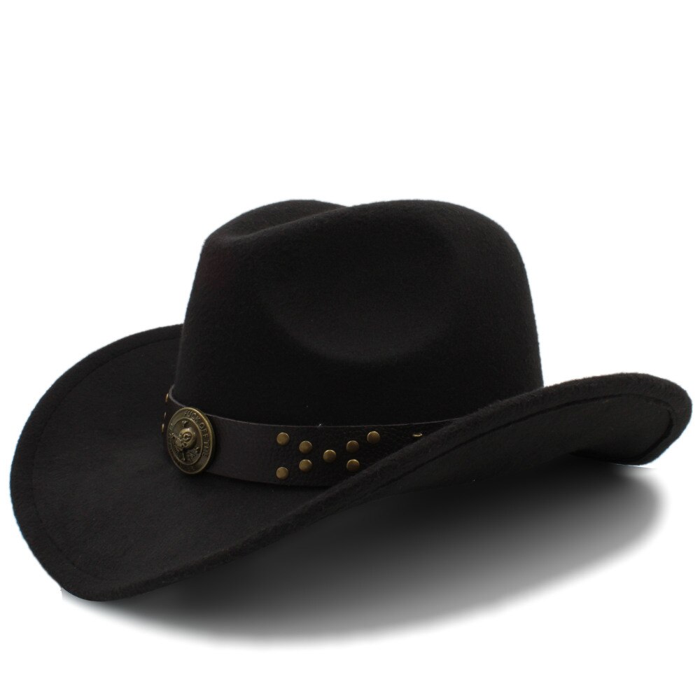 Klassisk kvinder uld chapeu western cowboy hat vinter efterår dame dronning jazz cowgirl sombrero hombre steampunk cap størrelse 56-58cm: Sort