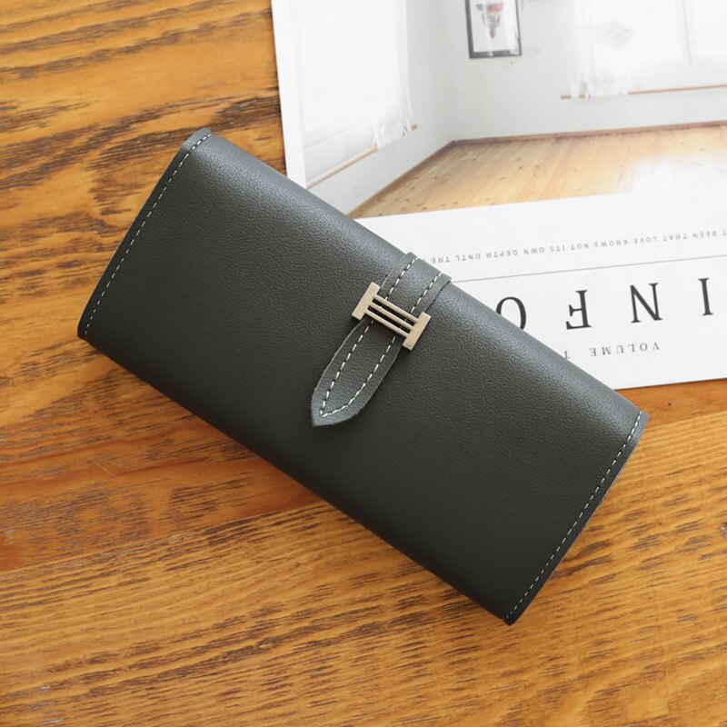 Women's H Letter Leather Wallet lady clutch purse Solid Color Drawstring Long 3 Fold Wallet Spring Model