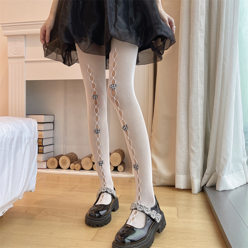 medias mujer Medias de Lolita para mujer, medias de rejilla huecas con lazo, pantimedias negras y blancas, estilo Kawaii japonés, nueva medias sexys mujer medias goticas medias rejilla: white black love