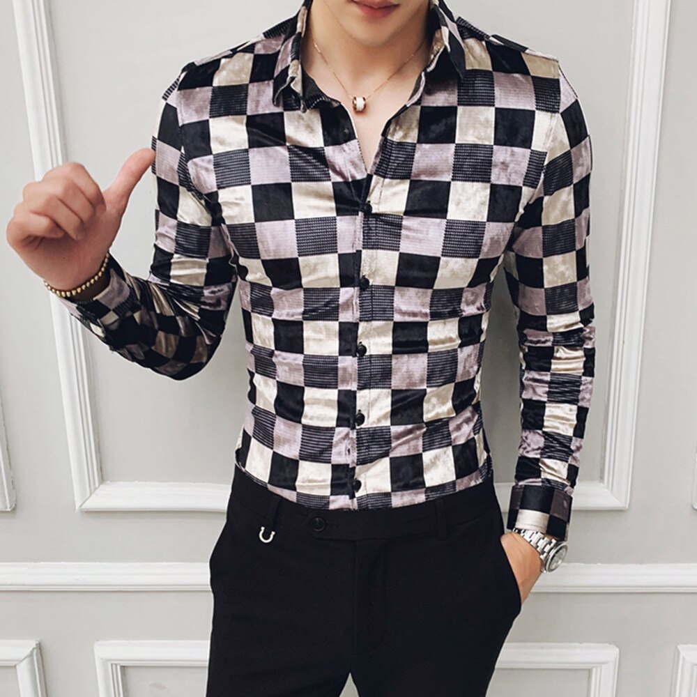 Rutete skjorter herre skjorte langermet slim fit casua skjorter velour menn kjole business sosiale skjorter camisas hombre