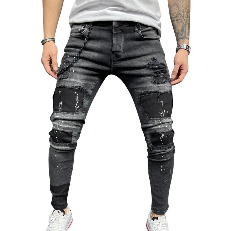 Laamei Jeans Men's Distressed Stretch Ripped Biker Jeans Men Hip Hop Slim Fit Holes Punk Denim Jeans Cotton Pants Zipper jeans: L