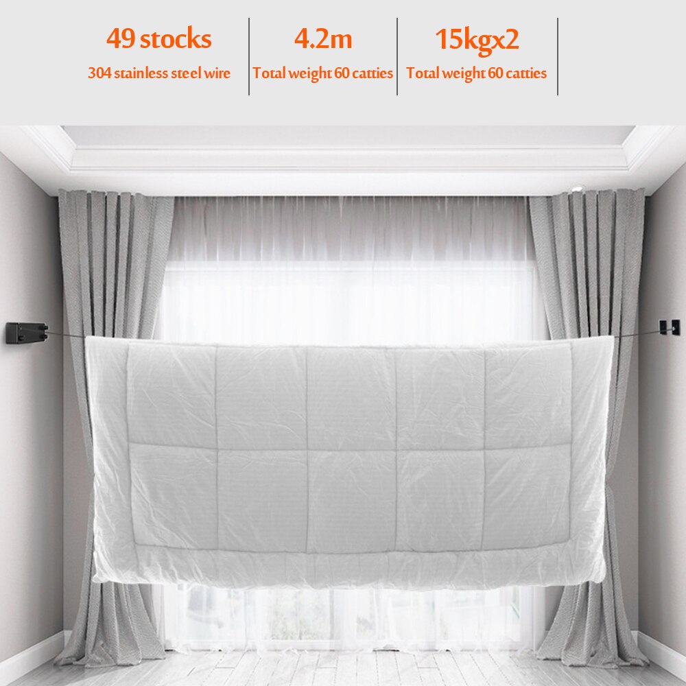 4.2m Wall Mounted Steel Wire Clothes Line Balcony Punch-free Drying Rack Retractable Bathroom Clothe Dryer Storage Racks Acces