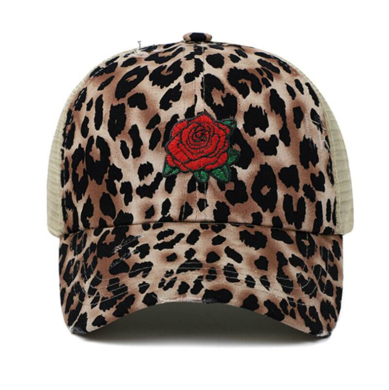 rose distress mesh baseball cap hip hop outdoor sports summer women cap embroidery flower snapback hat cap curved cap: leopard