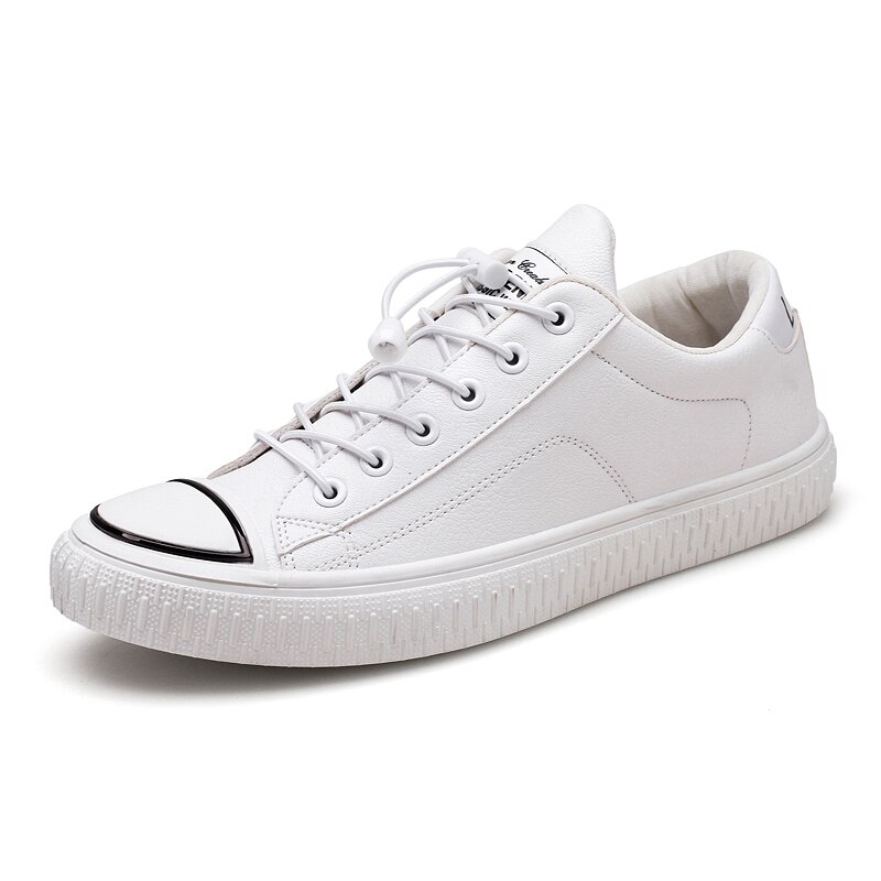 Qwedf mænd fritidssko pu læder sneakers mænd lejligheder vulkaniserede sko udendørs zapatos de hombre sort  a8-102: Hvid / 6.5