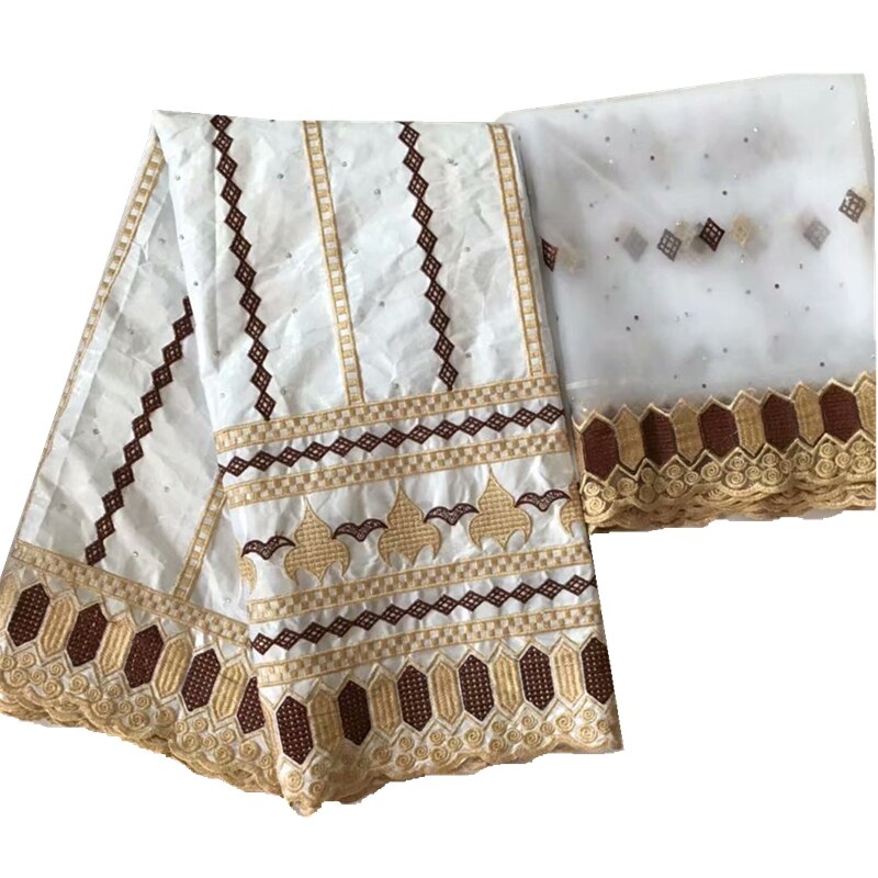 Bazin-tissu riche avec perles, tissus africains, bazin jacquard de guinée brocart avec dentelle française, robe pour femmes: WHITE