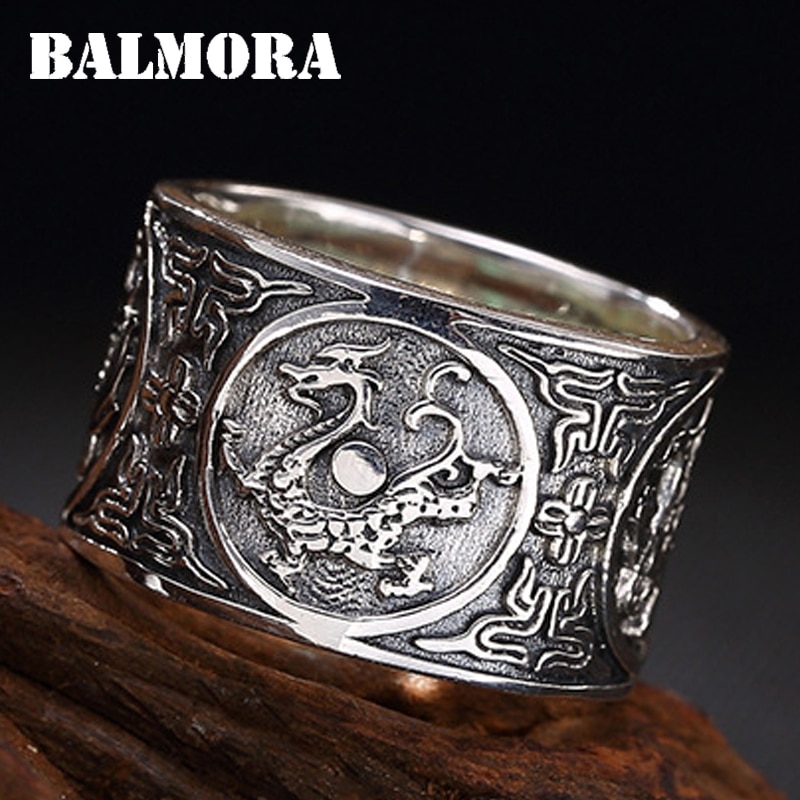 BALMORA Reale di 999 Puro Argento Dell'annata del Drago Tigre Accatastamento Anelli per Gli Uomini di Sesso Maschile Le Donne Punk Freddo Gioelleria Raffinata E Alla Moda Anillos1.4cm Larga