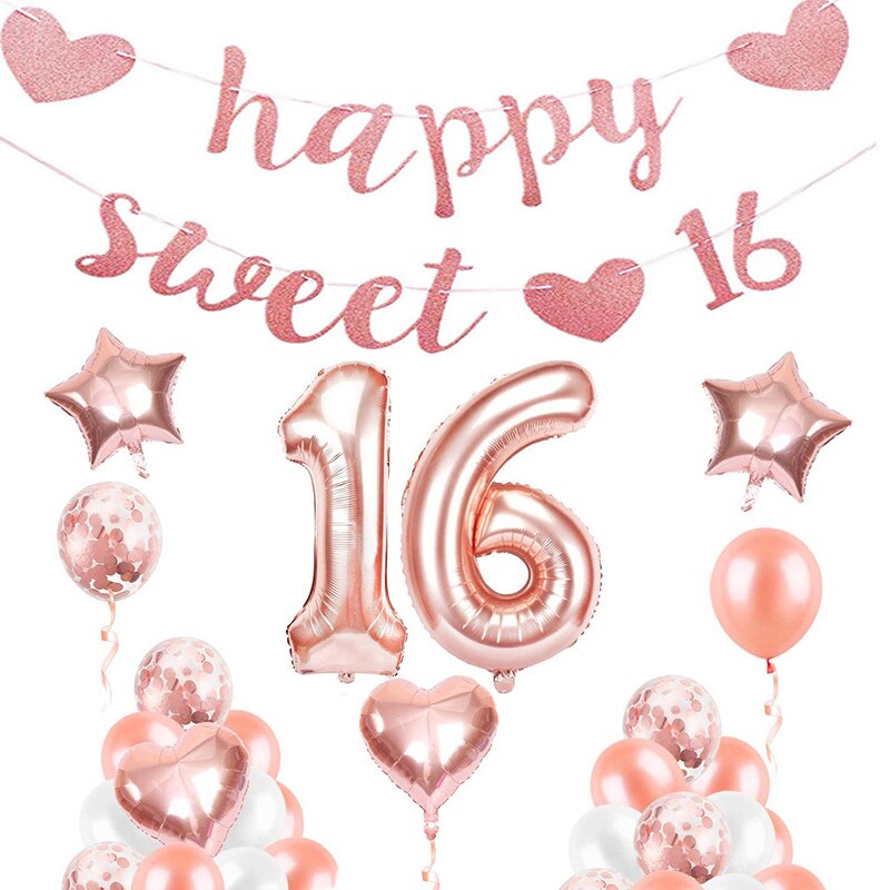 Rose Gold Happy Sweet 16th Birthday Party Banner Girl 16th Theme Birthday Party Background Wall Arrangement Party Decor Banner