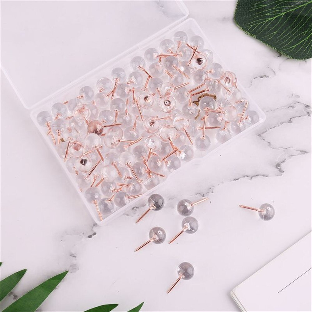 100pcs/box Rose Gold Thumbtack Push Pins Acrylic Head with Steel Point Cork Board Safety Pins Office Binding Accessories