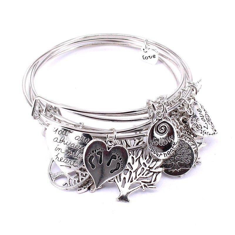 5pcs Bangle Set Wire Bracelets for Women Girls Jewllery Mixed Life Tree Charm Expandable Bracelets for Christmas C038: Silver Plated