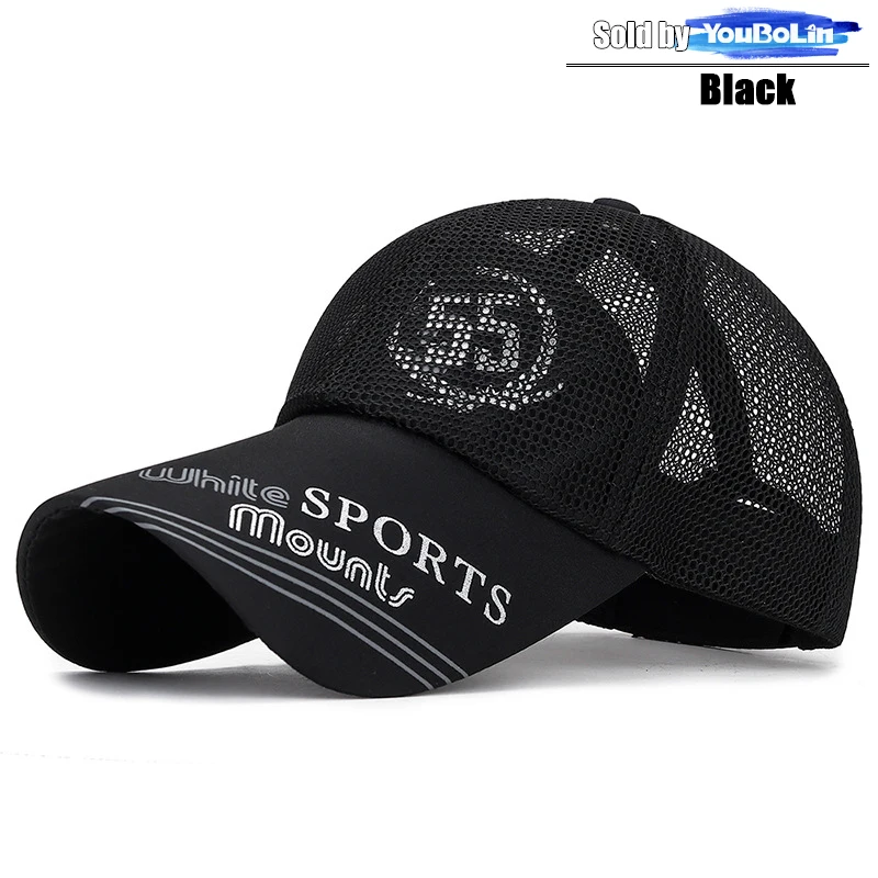 Summer extended brim sun protection baseball cap outdoor sun hat sports breathable hat printed SPORTS mesh cap: Negro