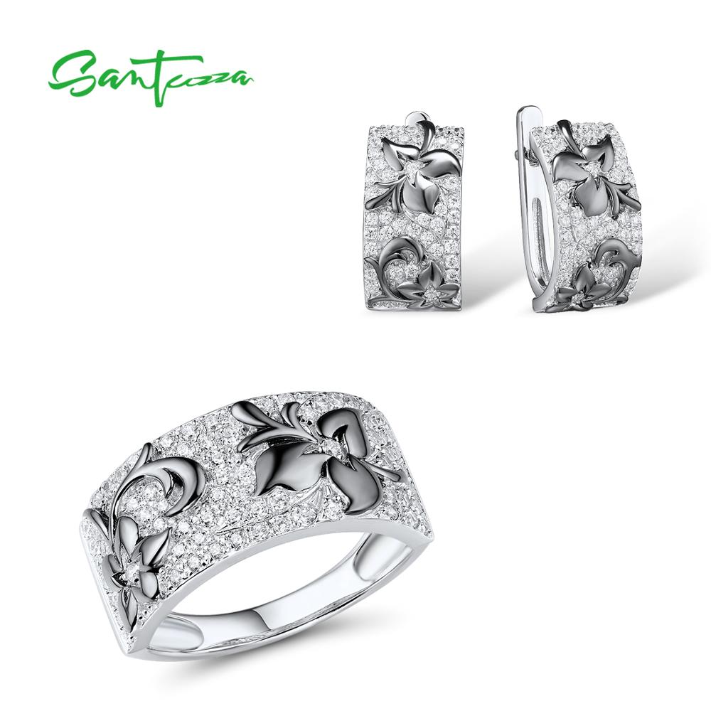 SANTUZZA-Conjunto de joyería para mujer, Plata de Ley 925 brillante, Circonia cúbica blanca, flores negras, conjunto de anillo y pendientes, joyería fina