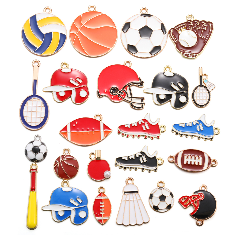 10 stuks geëmailleerde rugby-, voetbal- en badmintonracketbedeltjes voor armbanden, sleutelhangers, kettingen en sieraden, accessoires voor het maken van sieraden  w363: Roze