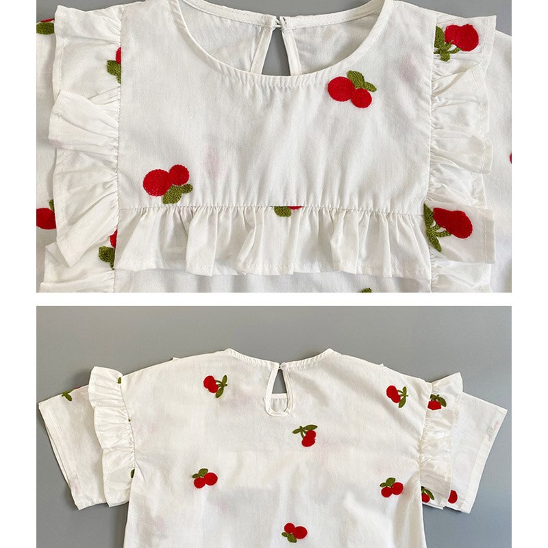 Ricamo Teen Girls Dress Cherry Patterns mezza manica increspature abito estivo in cotone abiti per bambini 6 8 10 12 14 anni