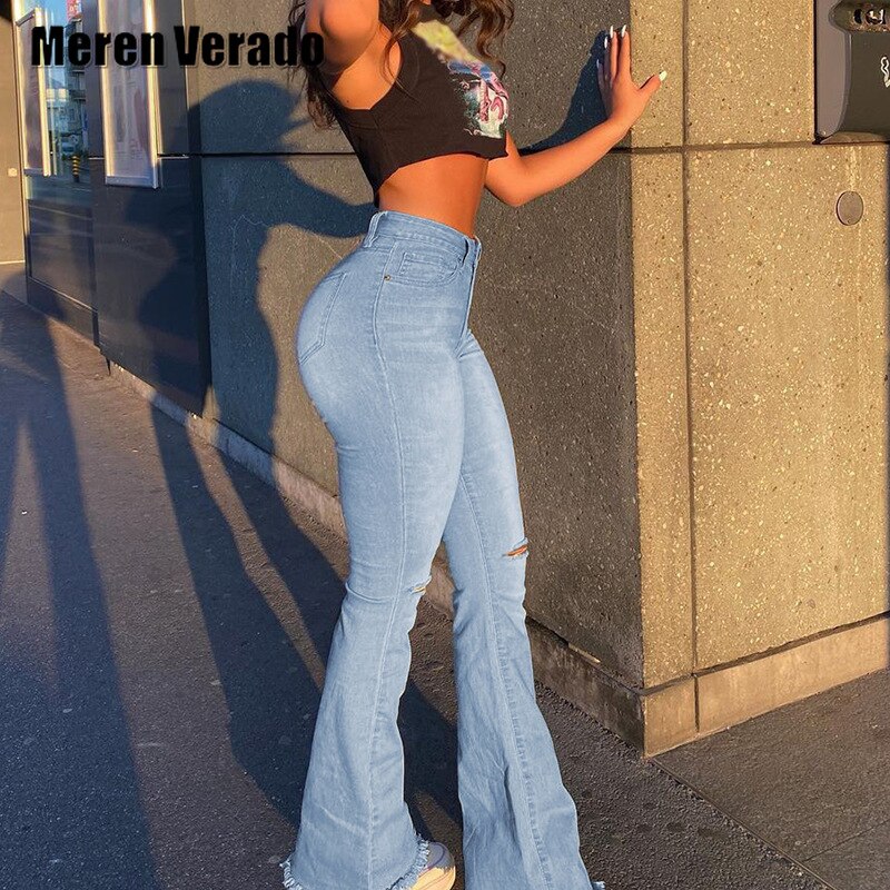 Femmes jean trou découpé en détresse déchiré femmes Flare jean taille haute Streetwear classique maigre jambe large Denim pantalon