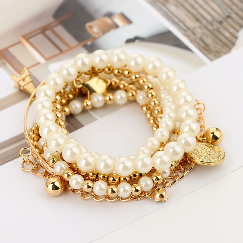 6 Teile/satz Gold Farbe Perlen Perle Stern mehrschichtig Perlen Armbänder einstellen für Frauen Charme Partei Schmuck 5483