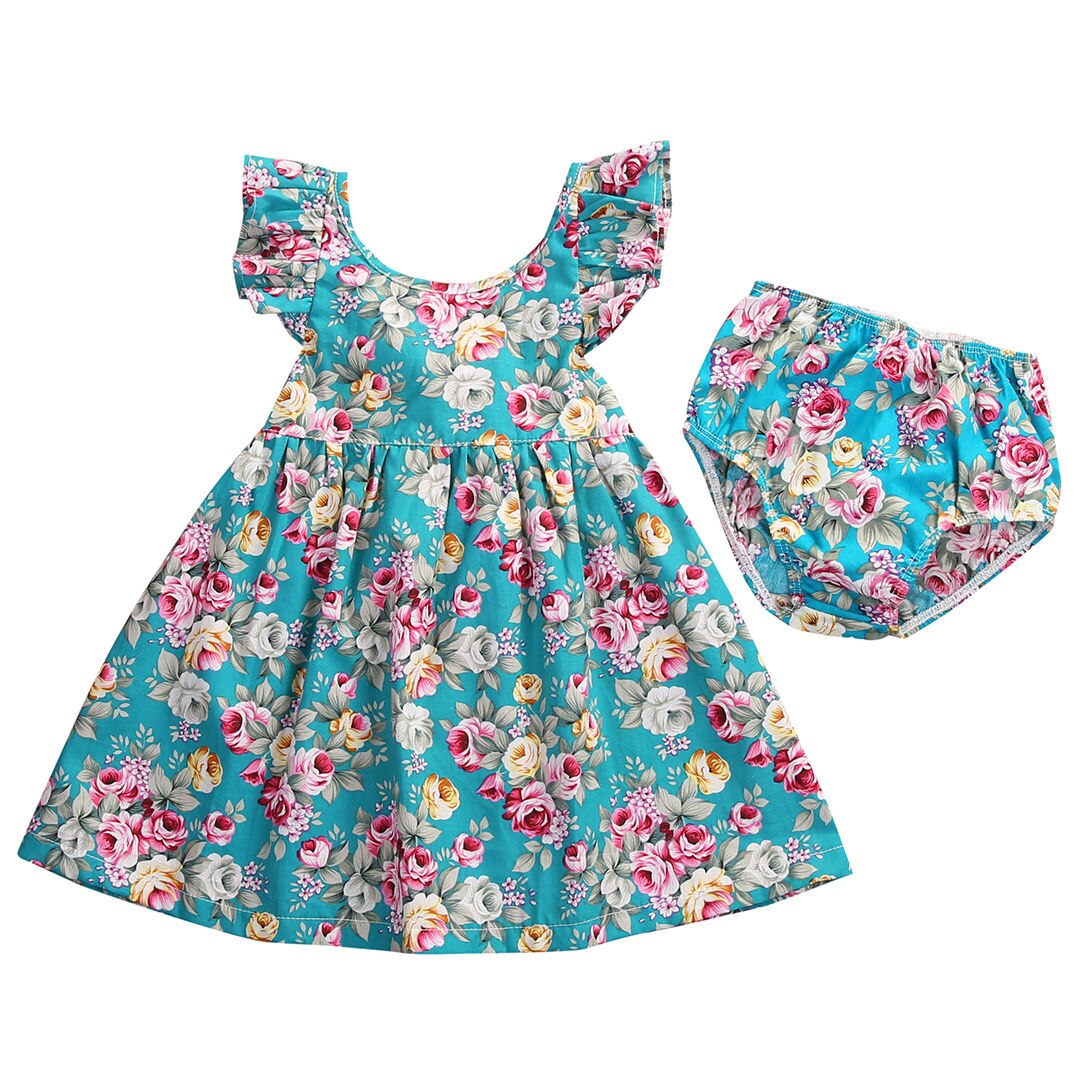Lovely Summer Infant Baby Girl Ruffle Floral Dress Sundress Briefs Outfits Clothes Set Baby Christmas Dress