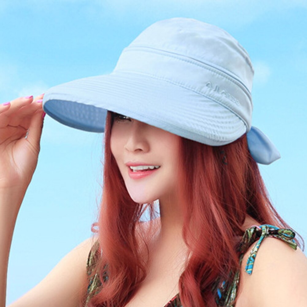 Solhat damer rejsevisir solid strand koreansk stil praktisk bowknot foldbar kasket vandring sommer udendørs: Blå