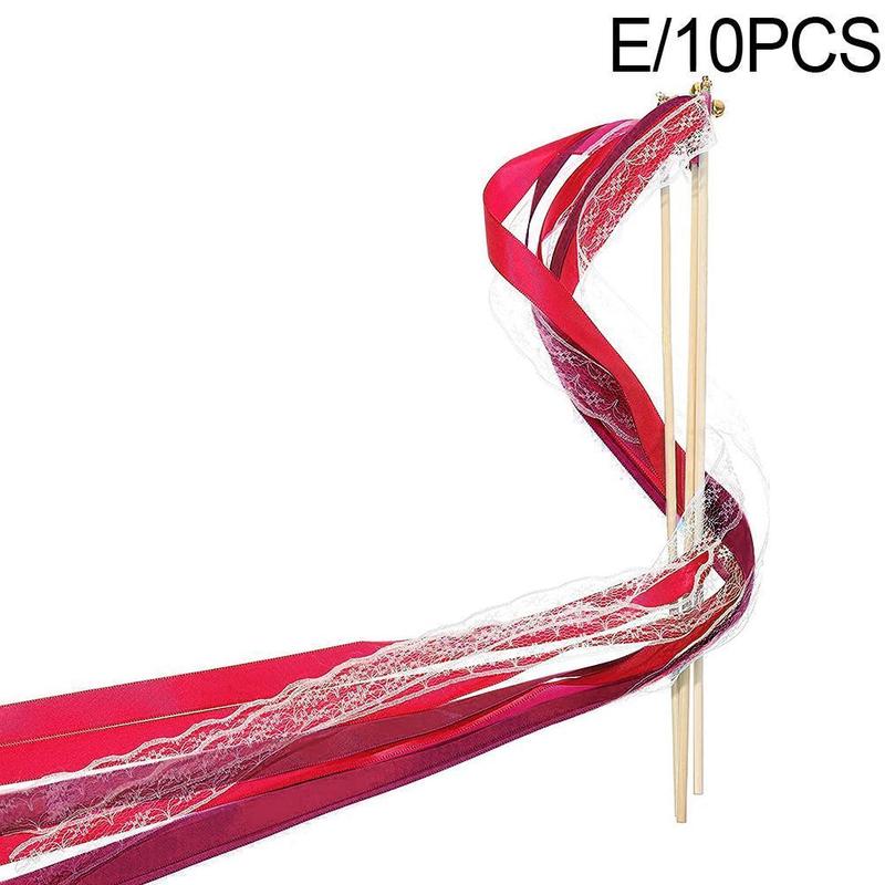 10 sztuk/partia ciemnozielone wstążki ślubne różdżki ze złotym dzwonkiem wstążki kręcenie serpentyny ślubne wstążki Stick: czerwony lace