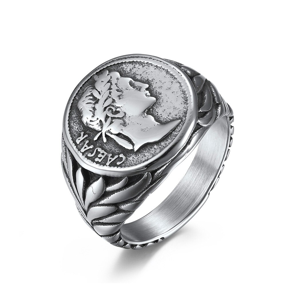 Anillos Vintage de César del Imperio Romano para hombre, anillos de acero inoxidable de Color plateado/dorado con cabeza de César, joyería de: 12 / Plata