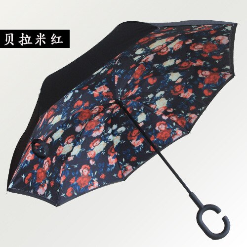Gancho C, a prueba de viento paraguas inversa vástago largo invertida doble capa soporte autónomo protección contra la lluvia paraguas de la gota: Blanco