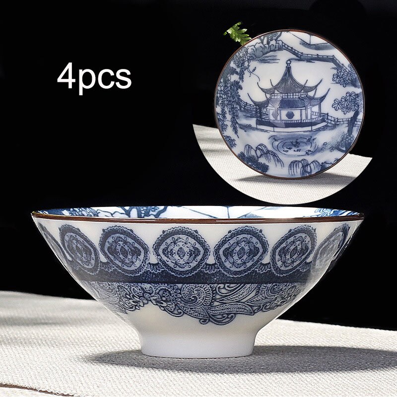 4 Stks/set Blauw En Wit Porselein Kopje Thee, Handgeschilderde Kegel Theekopje, Chinese Stijl Patroon Theekopjes, thee Accessoires Puer Cup Set: 02