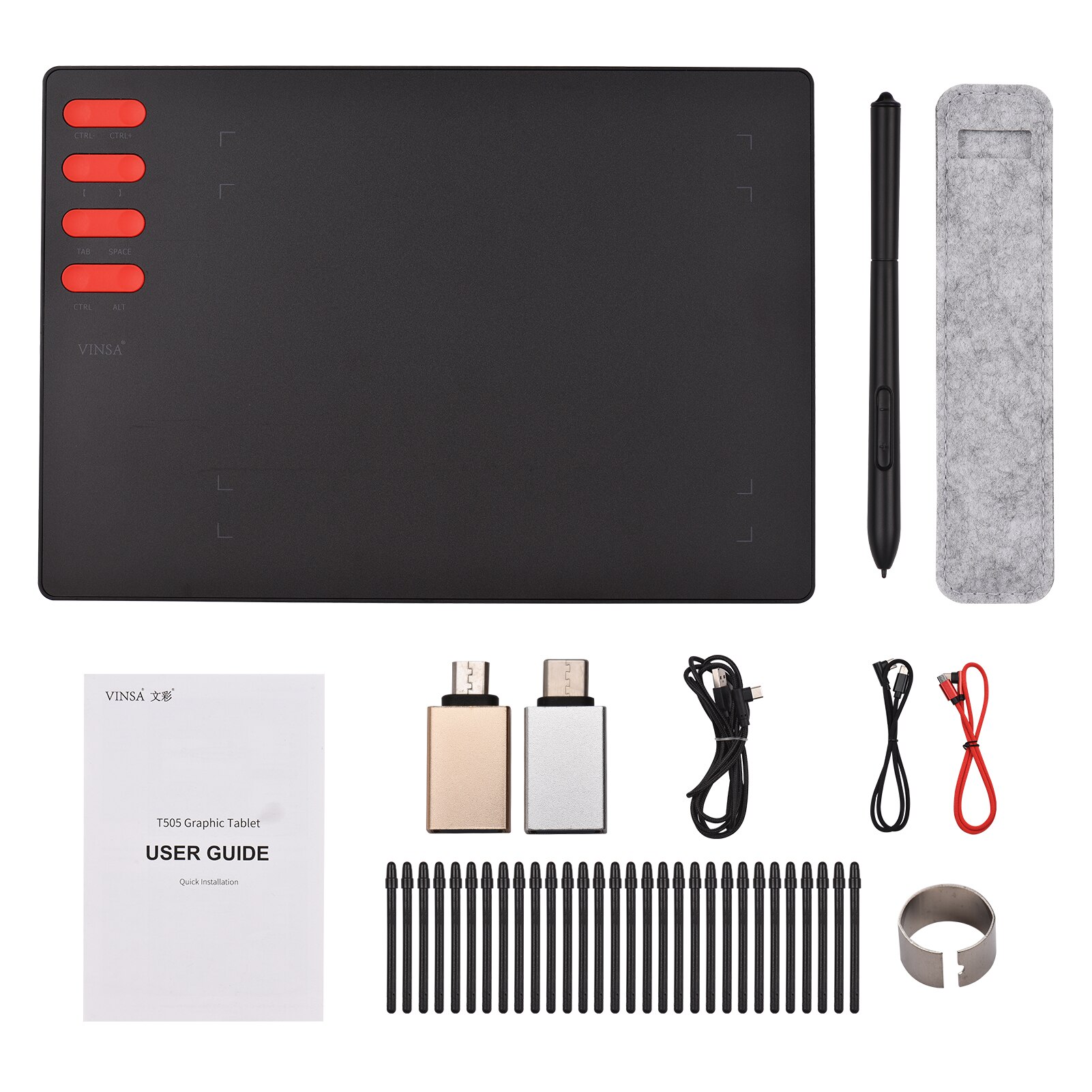 T505 Graphics Drawing Tablet Ultralight Art Creation Sketch Battery-free Stylus 30 Pen Nibs 8192 Levels Pressure 8 Shortcut Keys: package 2