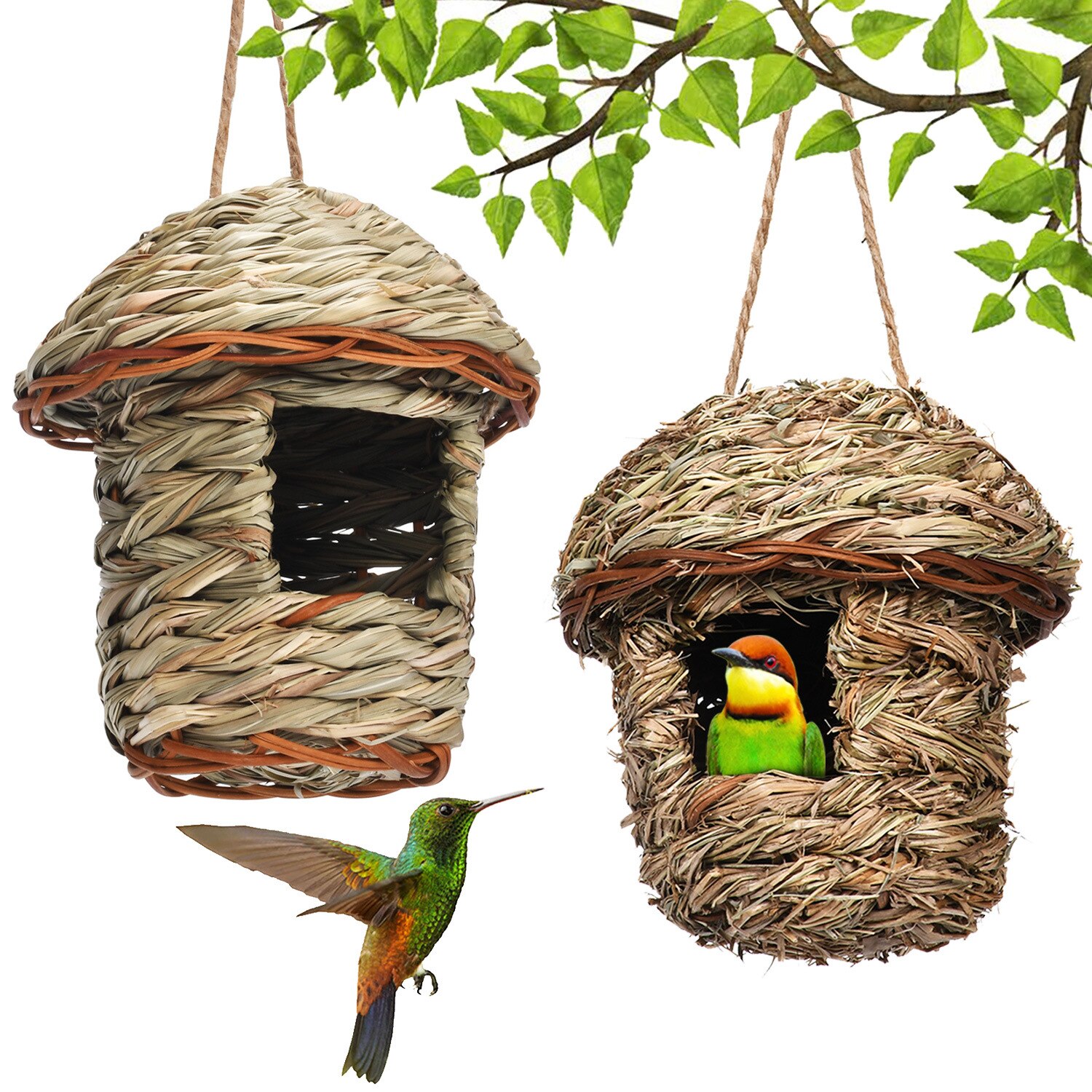 Hand Woven Hummingbird House Bird Hut and Hummingbird Houses Nest Small Hanging Bird Chickadee House for Finch Canary in Outdoor