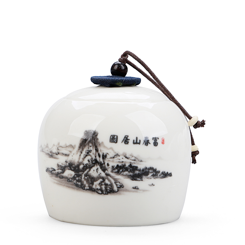 Pintura de tinta china caja de té de cerámica Mini 7,5*7 cm tarros de dulces especias para la cocina tarro de almacenamiento de azúcar tarro para nueces secas contenedor de alimentos: yuci fujushanjutu