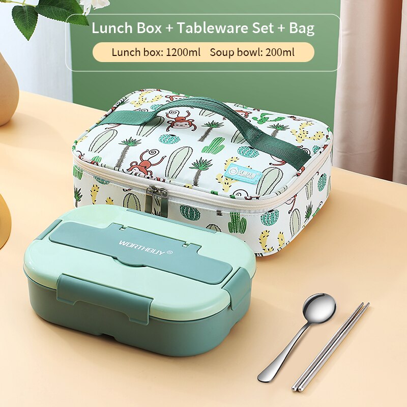 WORTHBUY Microwave Lunch Box For Kids School Plastic Food Container Leak-Proof Bento Lunch Box With Compartment Lunch Container: A Green With Bag