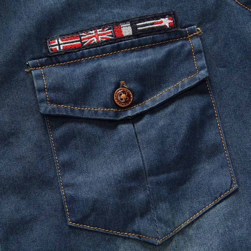 Two Front Pockets Spring Autumn Men Denim Shirt Long Sleeve Soft 100% Cotton Slim Jeans Cowboy Slim Shirt 5XL