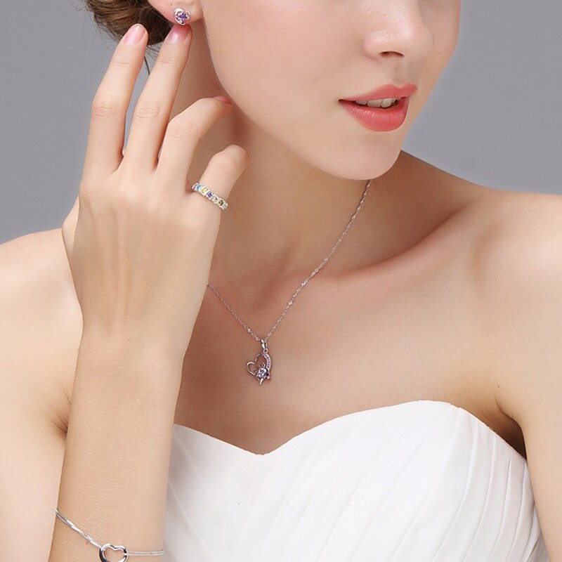 925 Sterling Silver Heart Zircon Pendant Necklace Purple Rhinestone Collarbone Chain Necklaces Women Jewelry