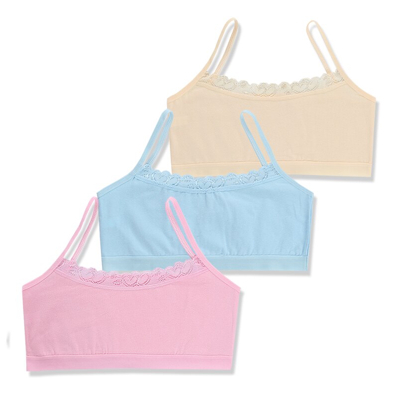 3pc Teenage Underwear Children Girls Cutton Lace Wireless Young Training Bra 8-14Years: lanfufen