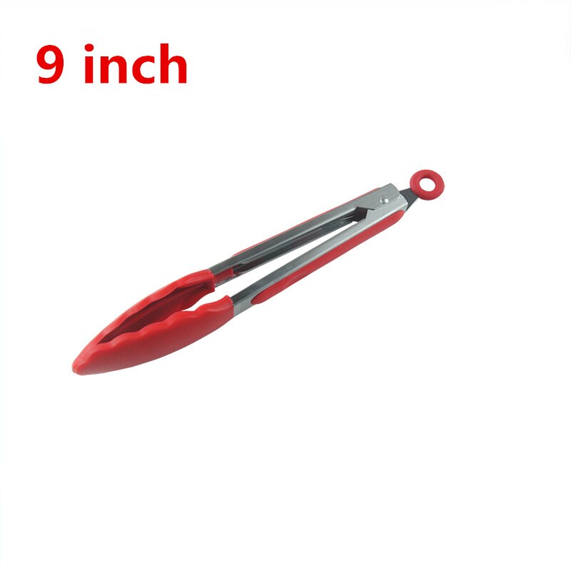 Keuken Tang Food Grade Dikke Siliconen Hoofd Roestvrij Staal Koken Tong Clamp Handvat Keukengereedschap Bbq Tool 9 Inch/8 Inch: Red